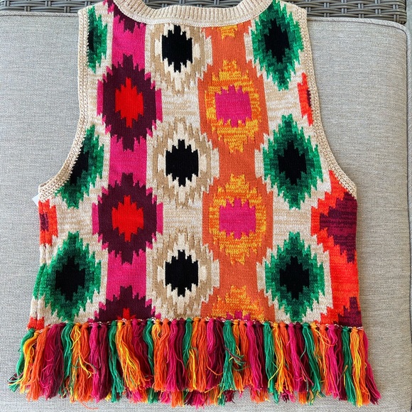 Alice + Olivia size S/ M Reva Aztec Fringe Peplum Knit Tank Top with Tassels - Picture 4 of 5